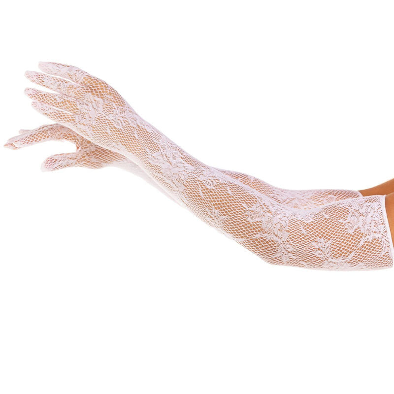LEG AVENUE - GLOVES WITH RED FLOWERS, WHITE
