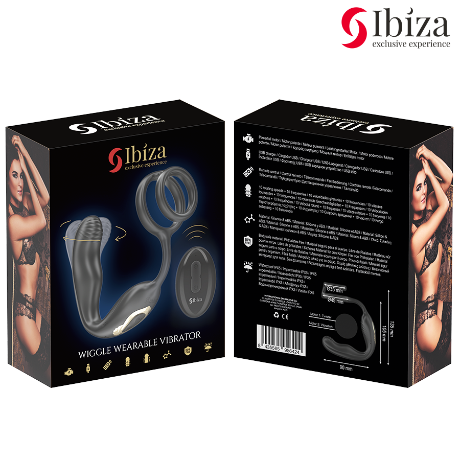 IBIZA - WIGGLE REMOTE CONTROL ROTATING ANAL PLUG WITH PERINEUM VIBRATION AND PENIS ENLARGEMENT RINGS