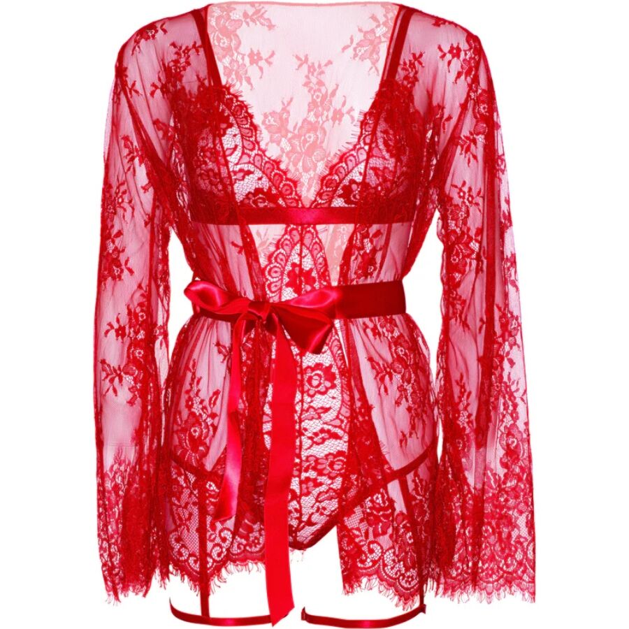 LEG AVENUE - 86123 TEDDY AND GARTER ROBE SET, RED, SIZE S