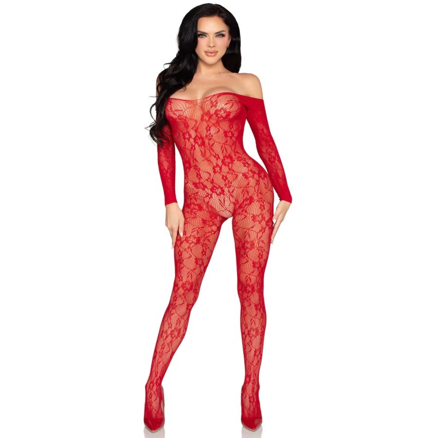 LEG AVENUE - 89366 LACE TEDDY BODYSTOCKING, RED - ONE SIZE