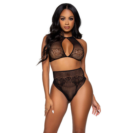LEG AVENUE - TWO-PIECE SET, NECKHOLDER CROP TOP AND THONG, ONE SIZE