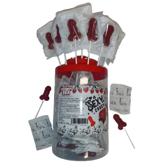 DIABLO PICANTE - 50 DICK SUCKERS WITH STRAWBERRY AND CHERRY CANDIES 50 UNITS