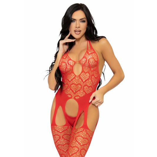 LEG AVENUE - NET SUSPENDER BODYSTOCKING, ONE SIZE - RED
