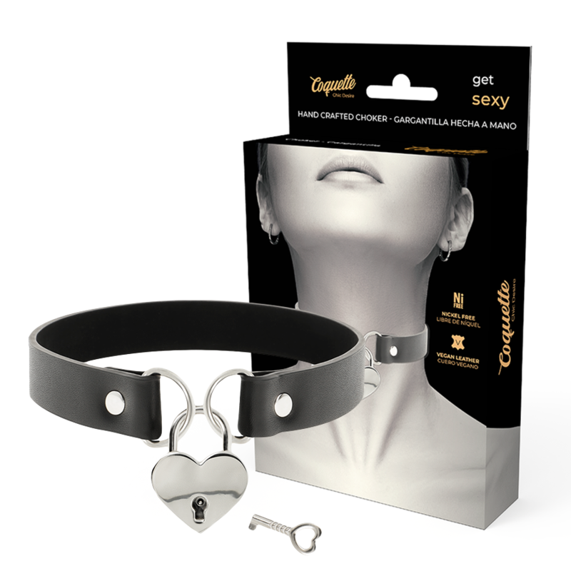 COQUETTE CHIC DESIRE - VEGAN LEATHER NECKLACE WITH HEART ACCESSORY AND KEY