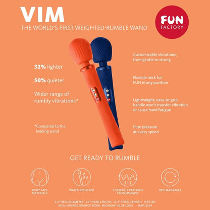 FUN FACTORY - VIM SILICONE RECHARGEABLE, VIBRATING, WEIGHTED RUMBLE WAND MIDNIGHT BLUE