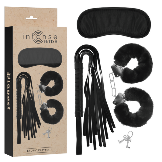 INTENSE - FETISH EROTIC PLAY SET 1 WITH HANDCUFFS, BLINDFOLD AND WHIP