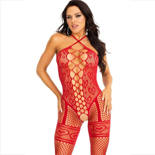 LEG AVENUE - BODYSTOCKING HALTER NECK RED HEARTS RED