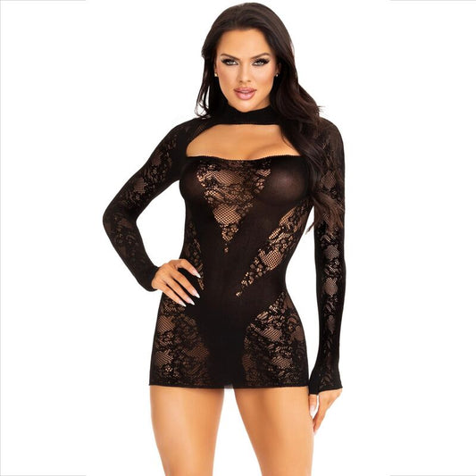 LEG AVENUE - LACE LONG SLEEVE MINI DRESS BLACK