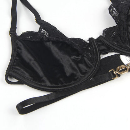SUBBLIME - 3-PIECE LACE BRA + THONG + GARTER SET BLACK S/M