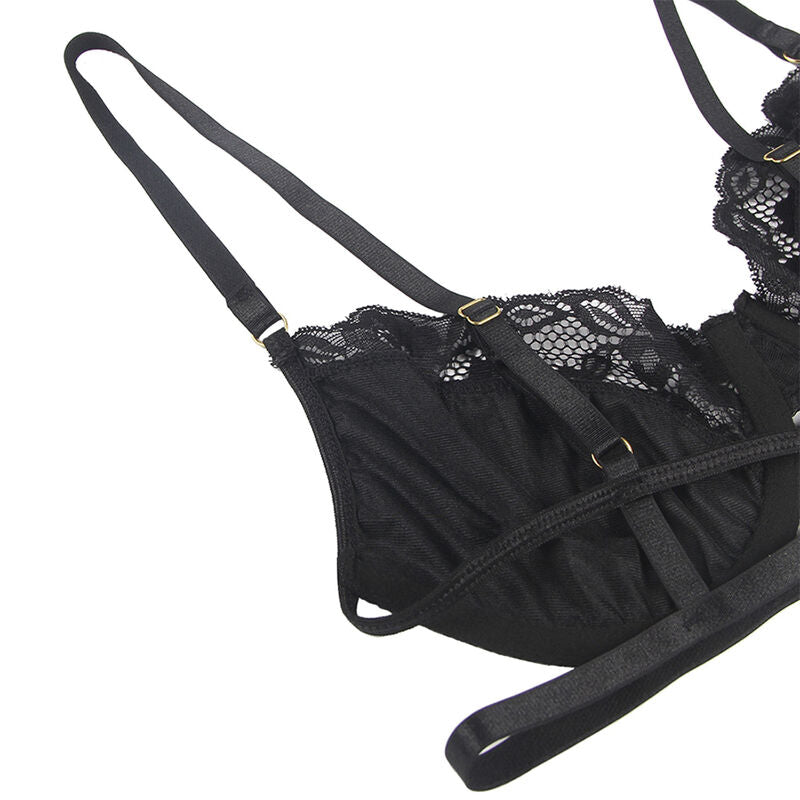 SUBBLIME - 3-PIECE LACE BRA + THONG + GARTER SET BLACK L/XL