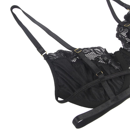 SUBBLIME - 3-PIECE LACE BRA + THONG + GARTER SET BLACK L/XL