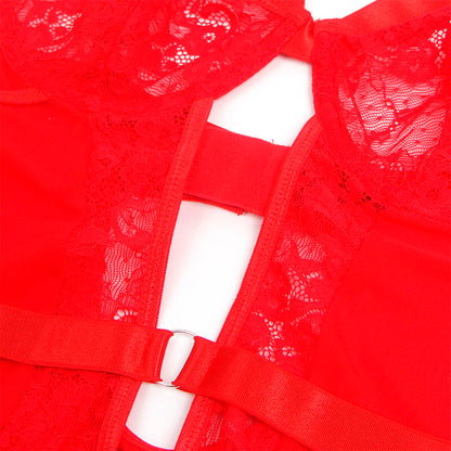 SUBBLIME - TEDDY MIT STRUMPFBAND MIT SPITZENDETAIL UND STREIFEN ROT L/XL