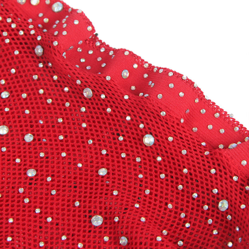 SUBBLIME - 952181 RED FISHNET BODYSTOCKING WITH GLOVES AND RHINESTONES ONE SIZE