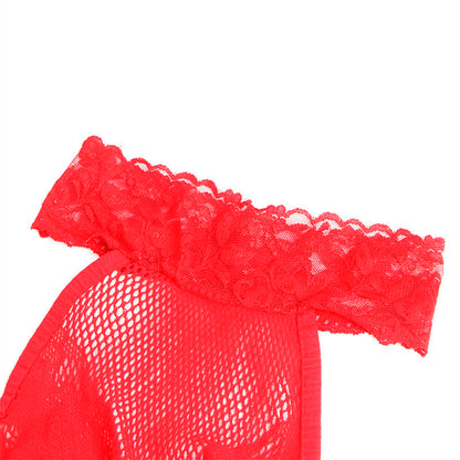 SUBBLIME - 952372 NET AND LACE BODYSTOCKING WITH HIGH NECK AND OPEN CROTCH RED ONE SIZE