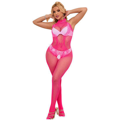 SUBBLIME - 952389 BODYSTOCKING WITH CUT-OUT MESH AND HIGH NECK LACE ONE SIZE