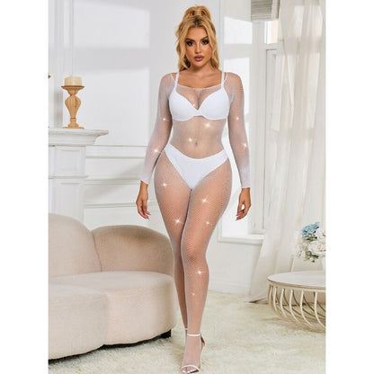 SUBBLIME - 952396 DIAMOND NET BODYSUIT LONG SLEEVE WHITE ONE SIZE