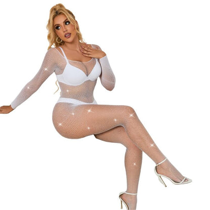 SUBBLIME - 952396 DIAMOND NET BODYSUIT LONG SLEEVE WHITE ONE SIZE