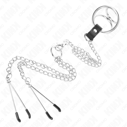 KINK - DREIFACH CHROM METALL PENISRING 3 CM BIS 4,5 CM MIT 26 CM METALLKETTE UND BRUSTKLAMMERN