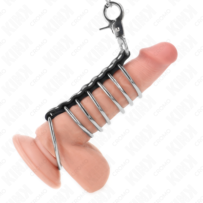 KINK - 7 METAL COCK RINGS 3.8 CM TO 5 CM CONNECTED WITH LEATHER AND METAL CHAIN 100 CM