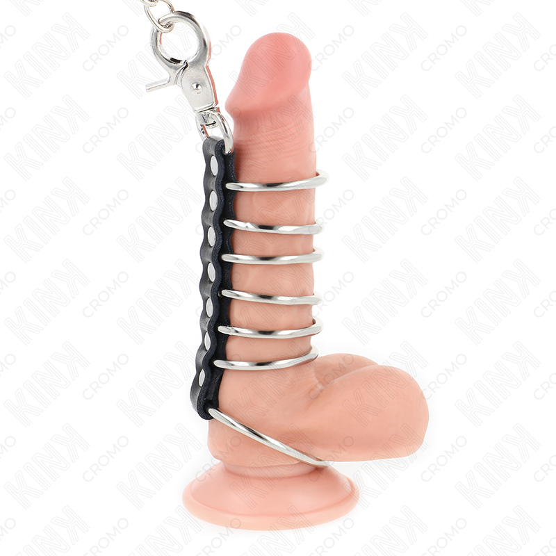 KINK - 7 METAL COCK RINGS 3.8 CM TO 5 CM CONNECTED WITH LEATHER AND METAL CHAIN 100 CM