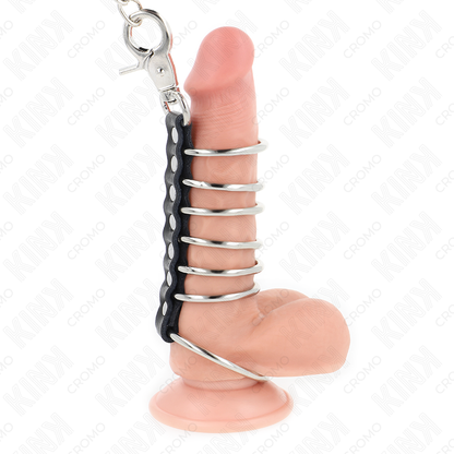 KINK - 7 METAL COCK RINGS 3.8 CM TO 5 CM CONNECTED WITH LEATHER AND METAL CHAIN 100 CM