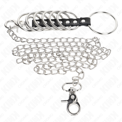 KINK - 7 METAL COCK RINGS 3.8 CM TO 5 CM CONNECTED WITH LEATHER AND METAL CHAIN 100 CM