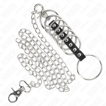 KINK - 7 METAL COCK RINGS 3.8 CM TO 5 CM CONNECTED WITH LEATHER AND METAL CHAIN 100 CM