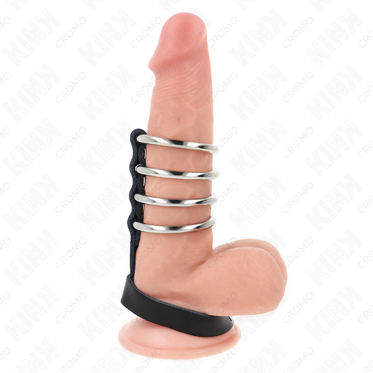 KINK - 4 METAL PENIS RINGS 3.8 CM CONNECTED WITH LEATHER STRAP 22 X 1.5 CM AND SNAP FASTENER