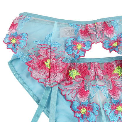 SUBBLIME - 954109 BH + HÖSCHEN MIT STRUMPFGÜRTEL BLUMENDESIGN BLAU S/M