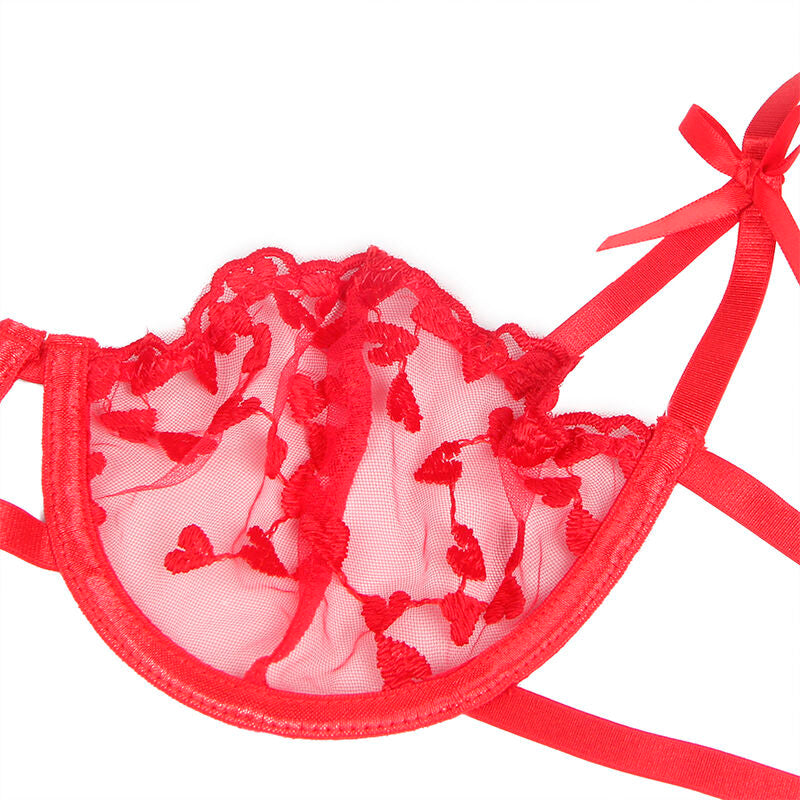 SUBBLIME - 954321 BRA + THONG + GARTER BELT WITH HEART PRINT RED S/M