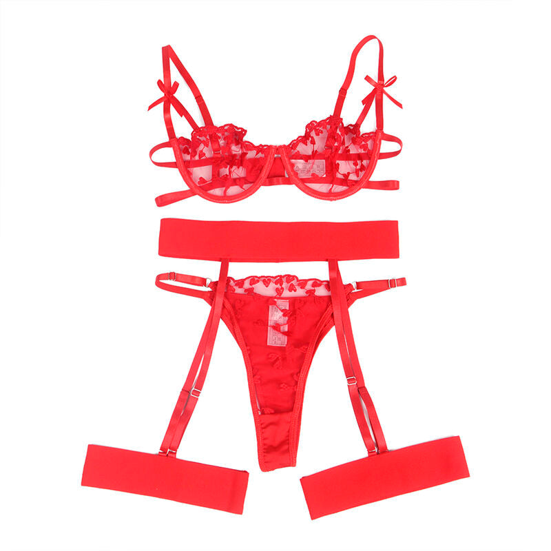 SUBBLIME - 954321 BRA + THONG + GARTER BELT WITH HEART PRINT RED S/M