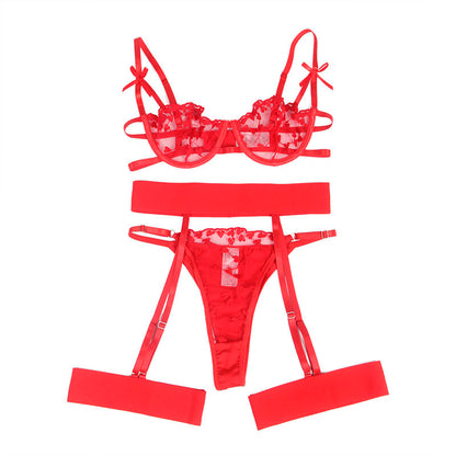 SUBBLIME - 954321 BRA + THONG + GARTER BELT WITH HEART PRINT RED S/M