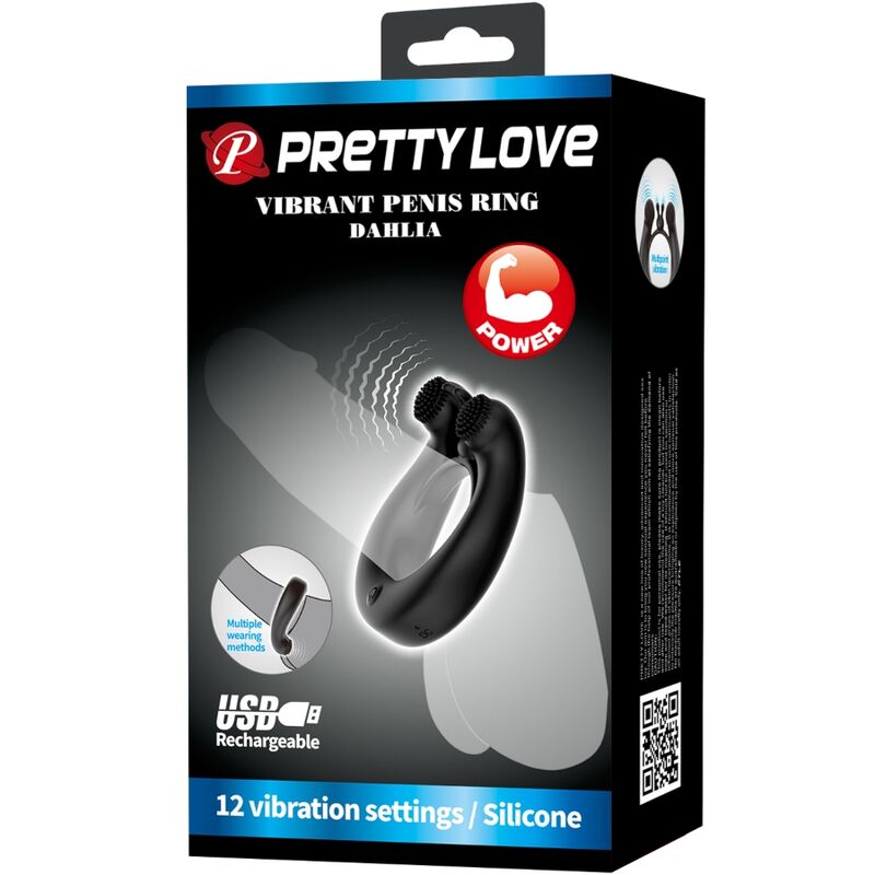 PRETTY LOVE - DAHLIA VIBRATING COCK RING + CLITORIS STIMULATOR 12 VIBRATIONS BLACK