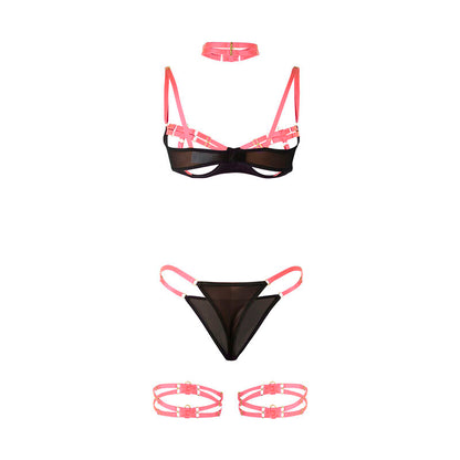 SUBBLIME - 955298 BH-SET MIT HALSKETTE UND BEINDETAILS FLUORESZIERENDES ROSA S/M