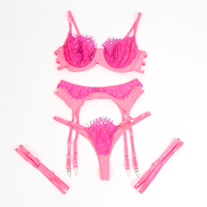 SUBBLIME - 955359 LACE BRA AND SUSPENDER BELT SET PINK AND PURPLE S/M