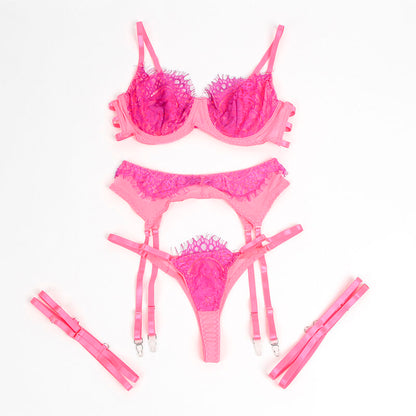 SUBBLIME - 955359 LACE BRA AND SUSPENDER BELT SET PINK AND PURPLE S/M