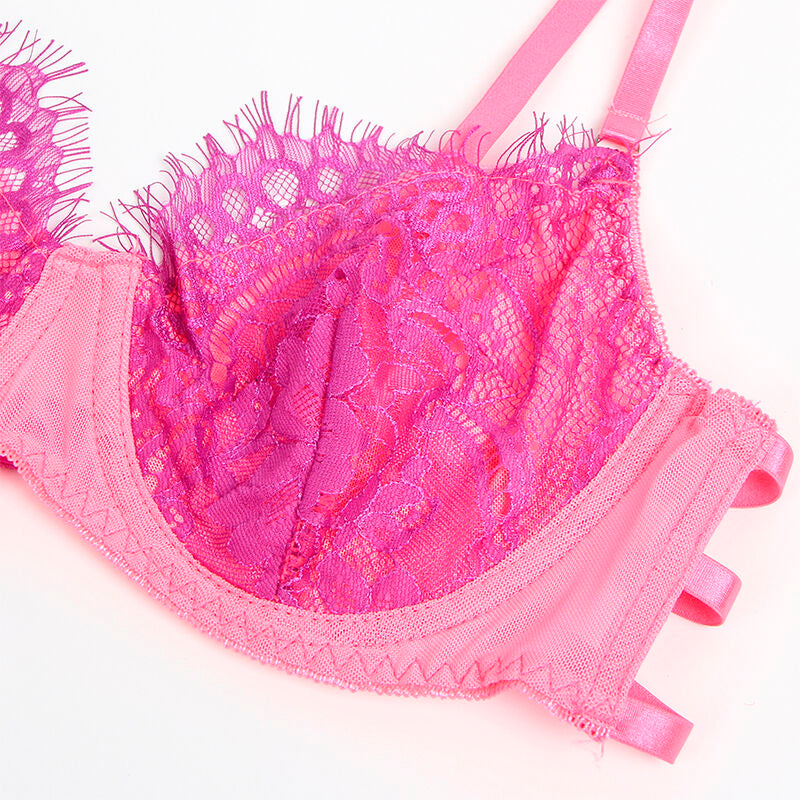 SUBBLIME - 955359 LACE BRA AND SUSPENDER BELT SET PINK AND PURPLE S/M