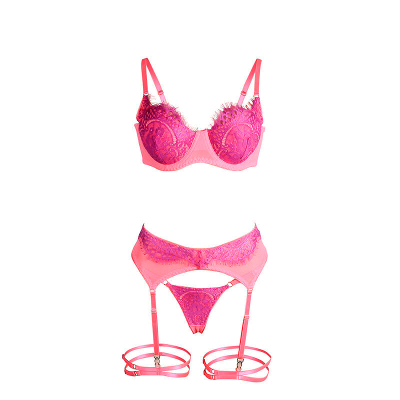 SUBBLIME - 955359 LACE BRA AND SUSPENDER BELT SET PINK AND PURPLE S/M