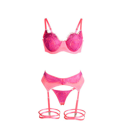 SUBBLIME - 955359 LACE BRA AND SUSPENDER BELT SET PINK AND PURPLE S/M