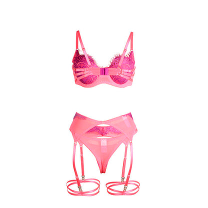 SUBBLIME - 955359 LACE BRA AND SUSPENDER BELT SET PINK AND PURPLE S/M