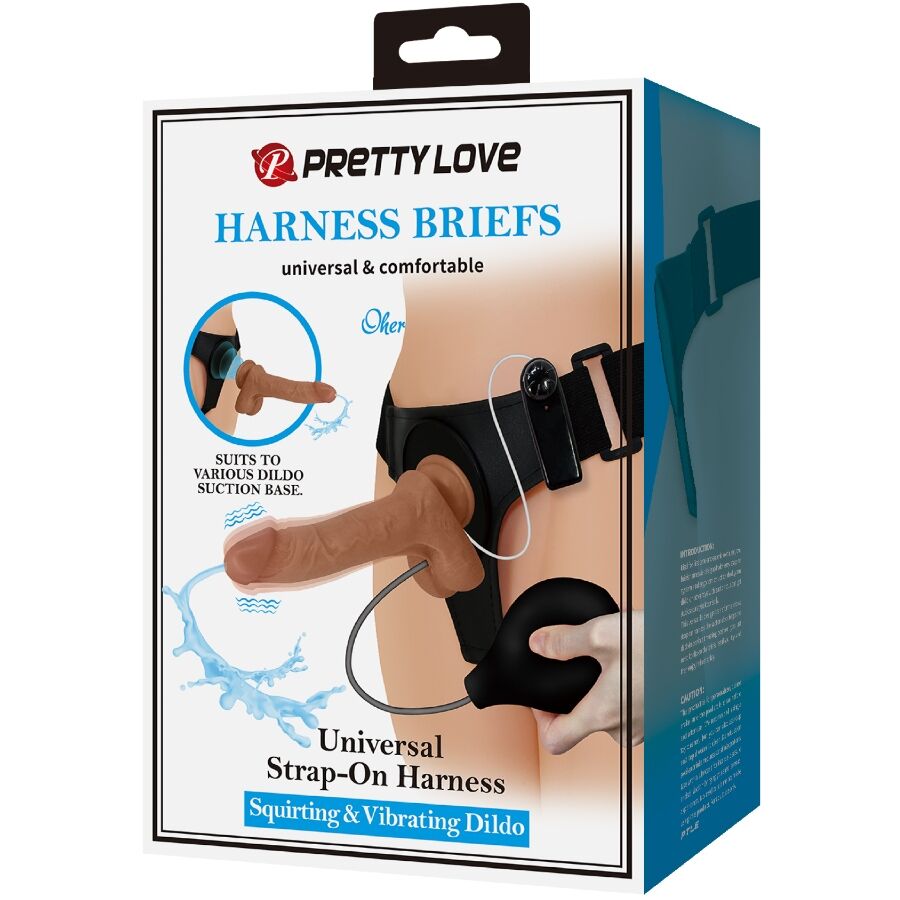 PRETTY LOVE - UNIVERSAL HARNESS STRAP-ON WITH VIBRATING AND SQUIRTING DILDO 15.5 CM MULATO