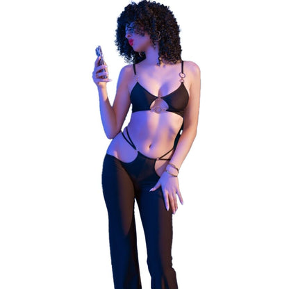 CHILIROSE - CR 4851 BLACK TOP AND LEGGINGS SET WITH GOLD ACCESSORIES L