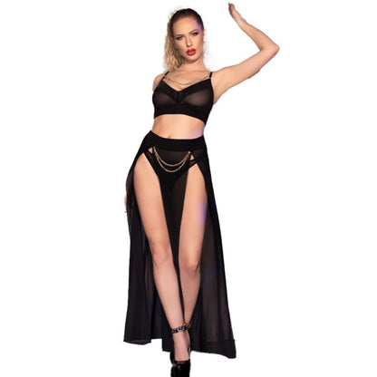 CHILIROSE - CR 4672 BLACK TOP-SKIRT AND THONG WITH GOLD CHAINS L