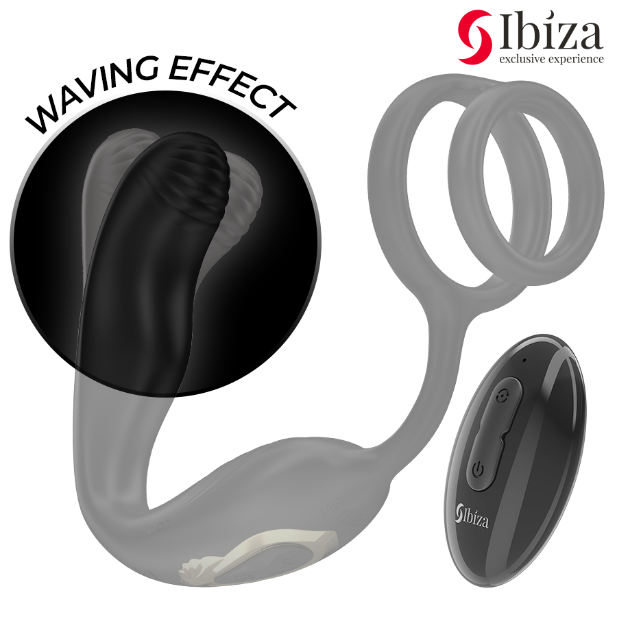 IBIZA - WIGGLE REMOTE CONTROL ROTATING ANAL PLUG WITH PERINEUM VIBRATION AND PENIS ENLARGEMENT RINGS