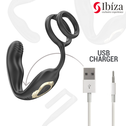 IBIZA - WIGGLE REMOTE CONTROL ROTATING ANAL PLUG WITH PERINEUM VIBRATION AND PENIS ENLARGEMENT RINGS