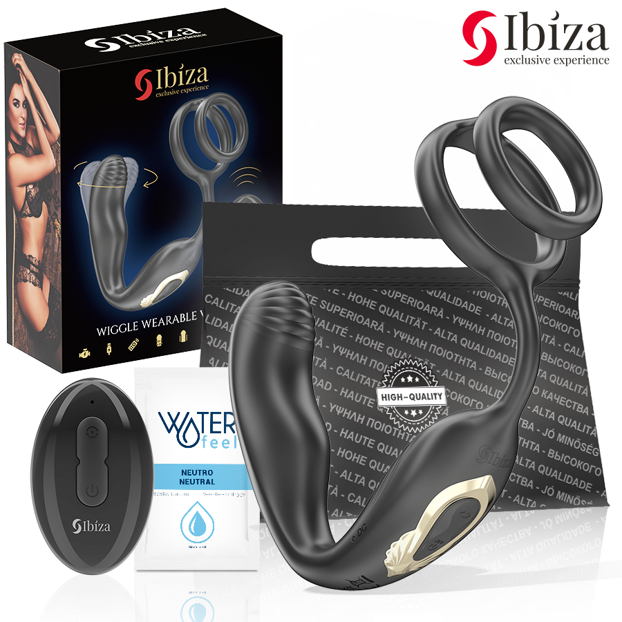 IBIZA - WIGGLE REMOTE CONTROL ROTATING ANAL PLUG WITH PERINEUM VIBRATION AND PENIS ENLARGEMENT RINGS
