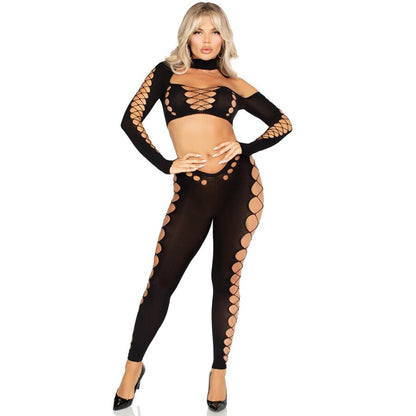 LEG AVENUE - SEAMLESS CUT-OUT CROP TOP AND LEGGINGS BLACK