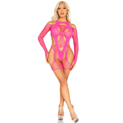 LEG AVENUE - FISHNET BODYSOCKING WITH GARTER BELT AND HARNESS NEON PINK