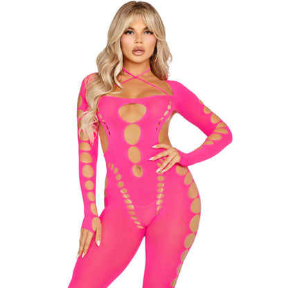 LEG AVENUE - PINK OPEN-BACK BODYSTOCKING, ONE SIZE