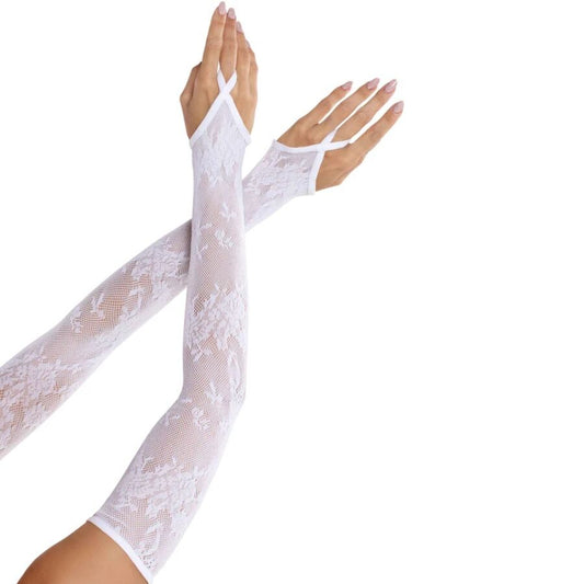 LEG AVENUE - EXTRA LONG ARM WARMER GLOVES WITH FLORAL LACE, WHITE